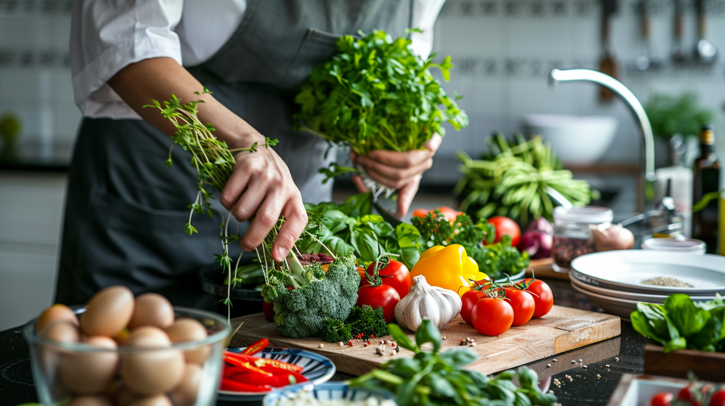 Сім'я з різних поколінь готує разом здорову їжу на кухні