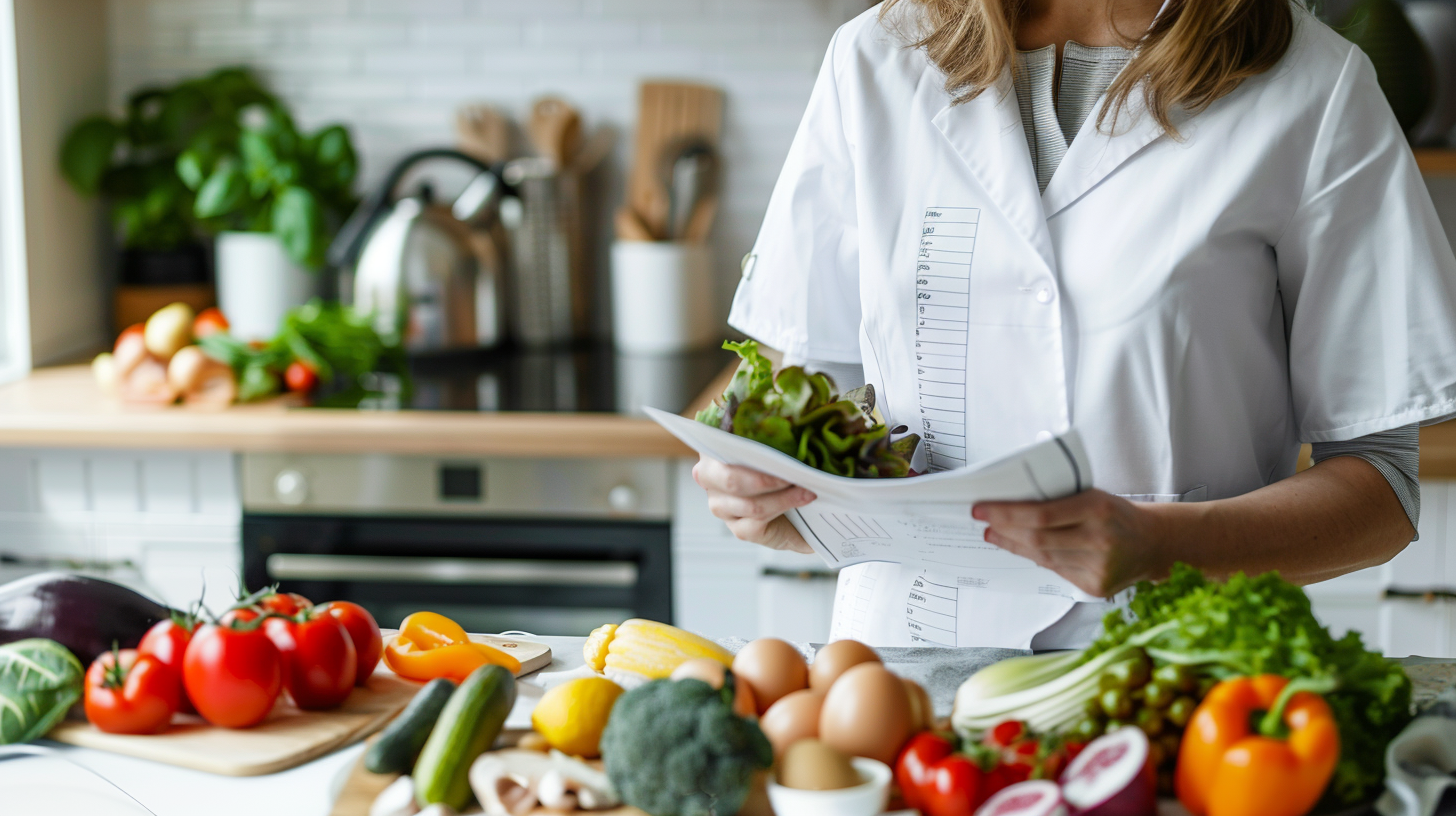 Дієтолог консультує клієнта з планування раціону, показуючи здорові продукти